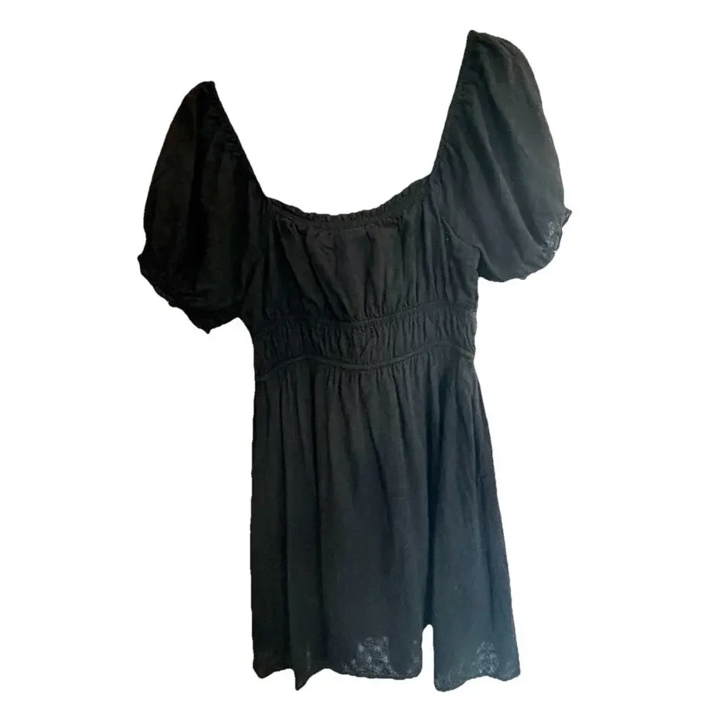Lulu’s Black Textured Puff Sleeve Mini Dress Sz Med Prairie Milkmaid Bohemian